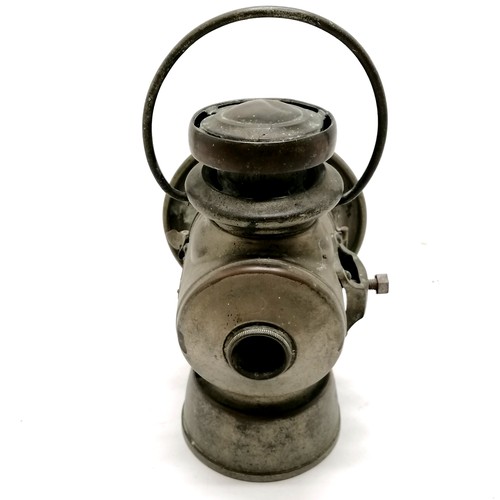 137 - King Road Lucas no.75C motoring oil lamp. 32cm to top of handle. Has a fracture rto the top and old ... 