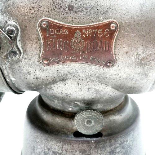 137 - King Road Lucas no.75C motoring oil lamp. 32cm to top of handle. Has a fracture rto the top and old ... 