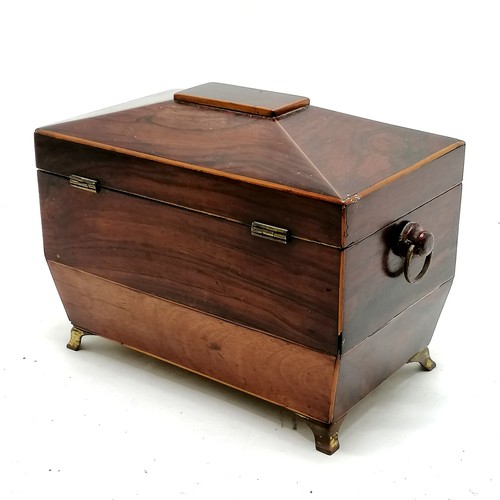 138 - Antique mahogany tea caddy on brass feet with boxwood banding. Has original key. 20cm x 15cm x 12cm.... 