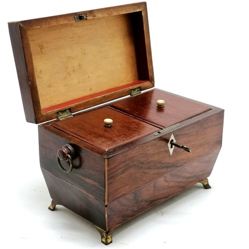 138 - Antique mahogany tea caddy on brass feet with boxwood banding. Has original key. 20cm x 15cm x 12cm.... 