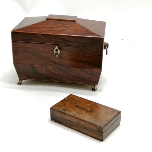 138 - Antique mahogany tea caddy on brass feet with boxwood banding. Has original key. 20cm x 15cm x 12cm.... 