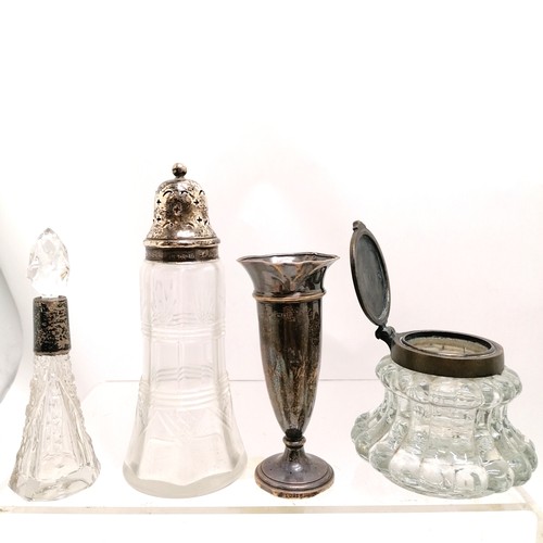 140 - Silver plated cruet set on stand, silver topped castor, vase, and silver collared scent bottle. T/w ... 