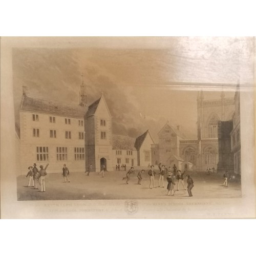 144 - 2 x framed prints of King's School, Sherborne (52cm x 40cm - both have toning / mould) t/w framed ne... 