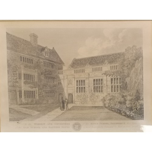 144 - 2 x framed prints of King's School, Sherborne (52cm x 40cm - both have toning / mould) t/w framed ne... 