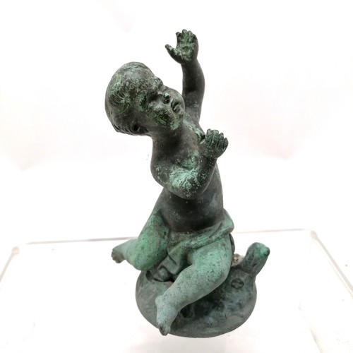 159 - Bronze cast antique putti figure on detached base 12cm high & has losses, brass gospels bell, brass ... 