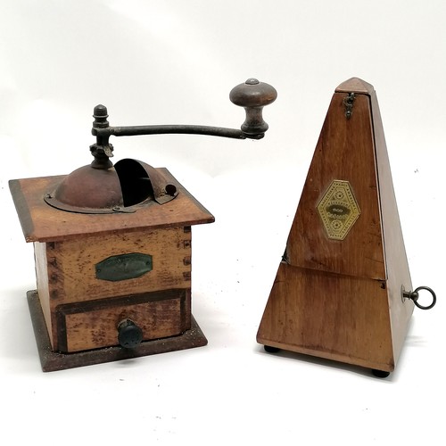 165 - Vintage continental coffee grinder (21cm high & has chip to corner) t/w metronome (door has corner m... 