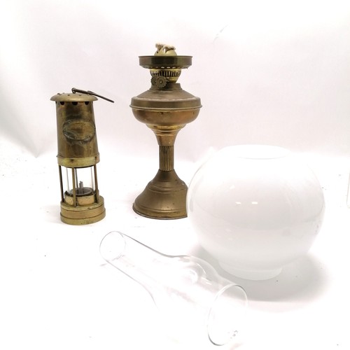 167 - Thomas & Williams Ltd brass miners lamp t/w vintage brass oil lamp with opaque glass shade - 54cm hi... 