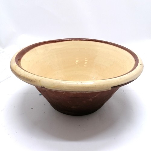 169 - Antique terracotta yellow glazed dairy bowl - 32cm diameter & no obvious damage (slight wear to glaz... 