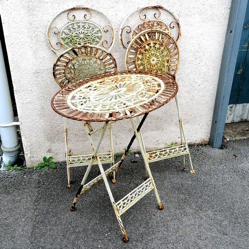 185 - Folding metal garden table and 2 chairs. Table 72 cm x 53 cm x 75 cm high. Some losses to the paint