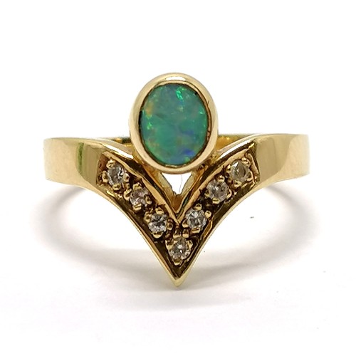 230 - 18ct indistinctly marked opal & diamond (7) wishbone design ring - size N½ & 5.1g total weight