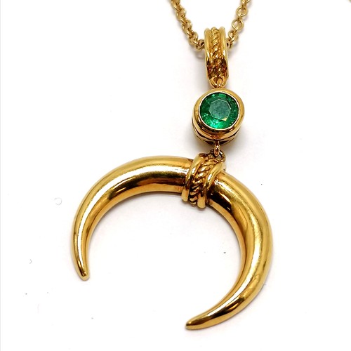 241 - Middle Eastern crescent pendant with emerald (approx 4.5mm diameter) stone set detail (drop 4cm) on ... 