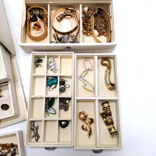 250 - Large white jewellery box + matching travel box containing 3 silver chains + lockets, 18ct gold pear... 