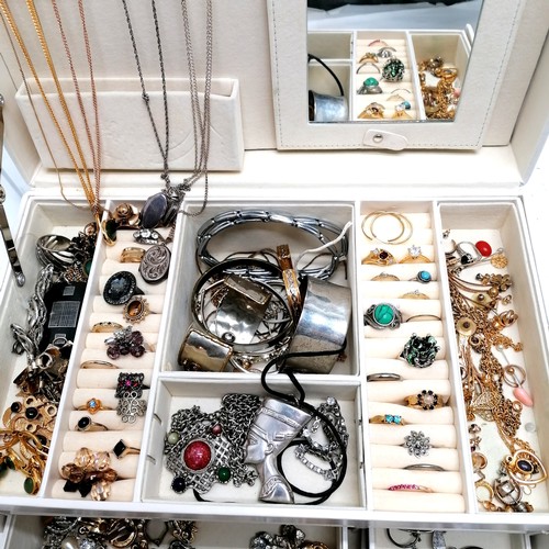 250 - Large white jewellery box + matching travel box containing 3 silver chains + lockets, 18ct gold pear... 