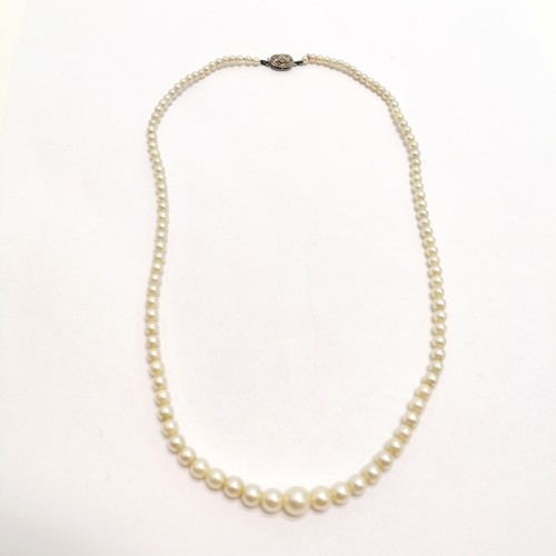 268 - 40cm strand of graduated cultured pearls with unmarked white metal diamond set clasp - SOLD ON BEHAL... 