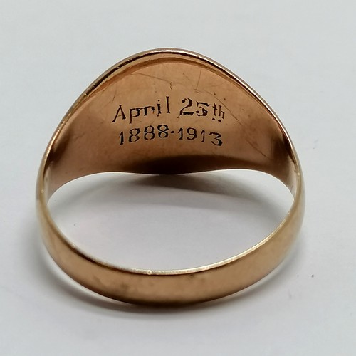 279 - Antique 9ct Chester hallmarked rose gold signet ring by Edward Vaughton with inscription to inside A... 