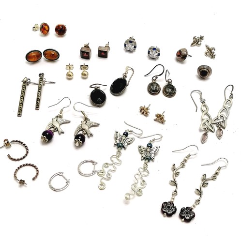 280 - 17 x pairs of silver marked earrings  inc amber, venetian glass, stone set, marcasite, doves etc - 5... 