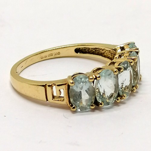 297 - 9ct hallmarked gold aquamarine 5 stone set ring - size N½ & 2.5g total weight