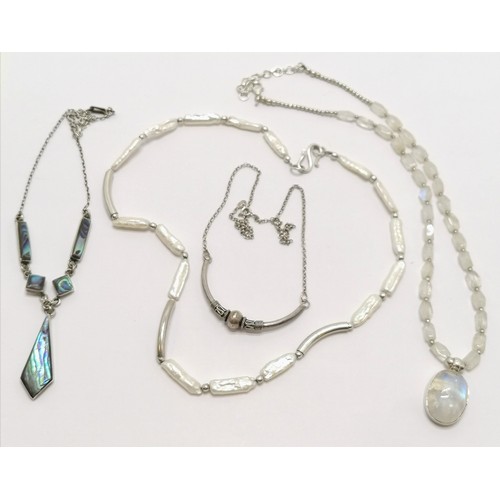 337 - 4 x silver necklaces (1 unmarked) - longest 40cm & the paua shell has metal replacement clasp  ~ tot... 