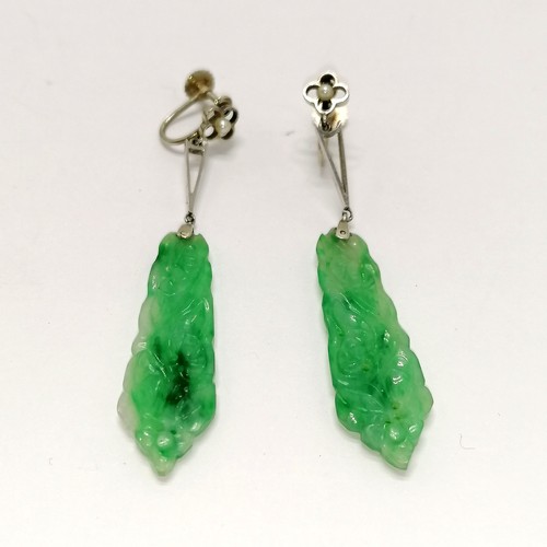 343 - Pair of Antique Chinese hand carved jade earrings with 9ct white gold screw back fittings - drop 5.5... 