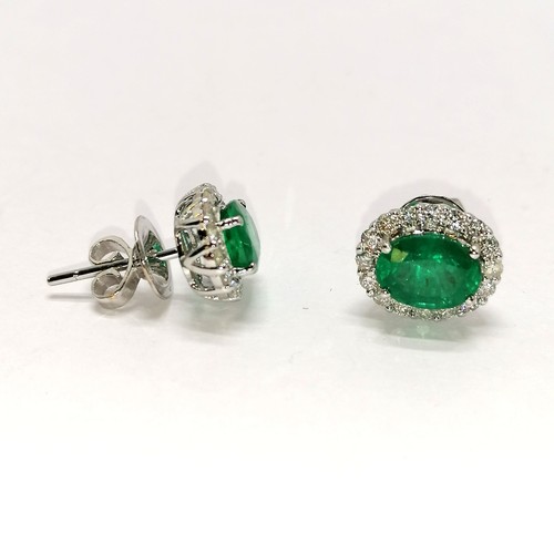 344 - Pair of 18ct marked white gold emerald & diamond cluster earrings (emerald approx 8mm x 6mm) - total... 