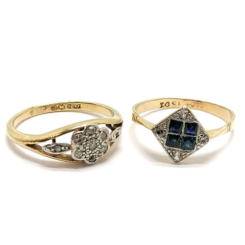 350 - 3 x 18ct gold rings ~ sapphire / white stone (size L), diamond cluster (size L½) & opal ring (size S... 