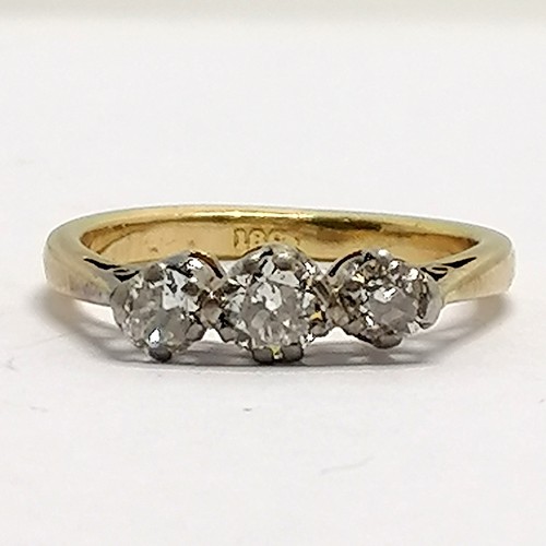 359 - 18ct marked gold 3 stone diamond ring - size J & 2.6g total weight ~ old repairs to claws