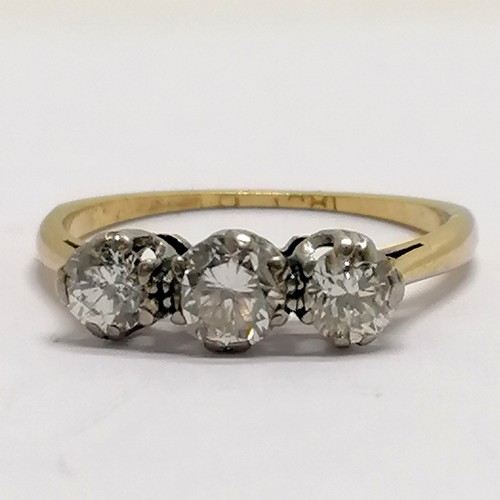 360 - 18ct marked gold 3 stone diamond ring - size J½ & 1.7g ~ worn shank & 1 claw missing