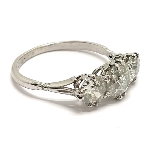 362 - Unmarked 18ct white gold 3 stone diamond ring - size V½ & 4.8g total weight ~ stones approx 7.2mm & ... 