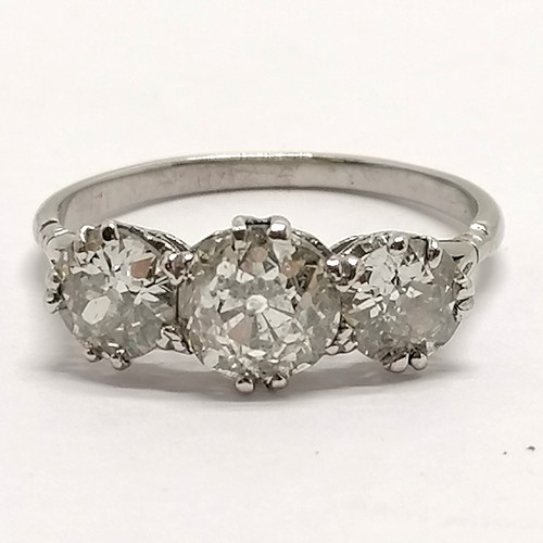 362 - Unmarked 18ct white gold 3 stone diamond ring - size V½ & 4.8g total weight ~ stones approx 7.2mm & ... 