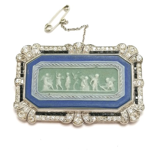 367 - Antique white metal diamond set brooch with a neo-classical Wedgwood panel - 5cm across & 19.5g ~ ti... 