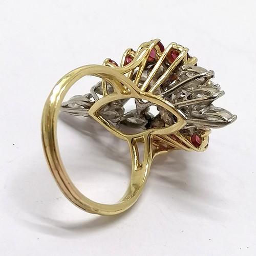 376 - 18ct hallmarked gold marquise diamond and ruby ring - size K½ & 6.7g total weight