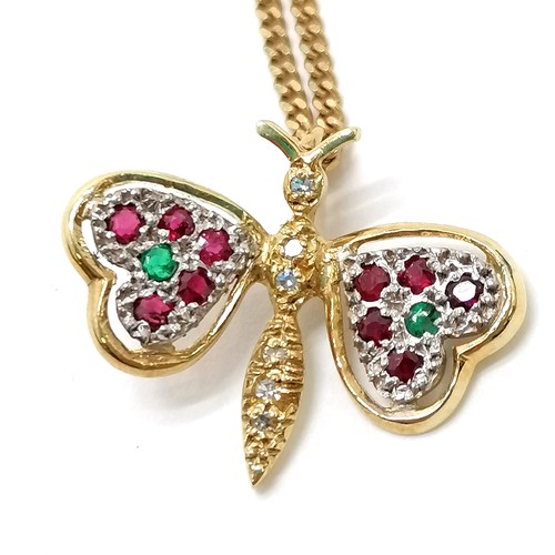 415 - 18ct hallmarked gold insect pendant set with rubies / diamonds / emeralds on an 18ct hallmarked gold... 