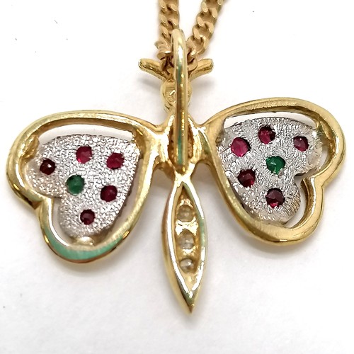 415 - 18ct hallmarked gold insect pendant set with rubies / diamonds / emeralds on an 18ct hallmarked gold... 