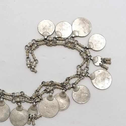 424 - Ethnic unmarked silver / white metal obliterated coin belt - 160g & 92cm long ~ A/F