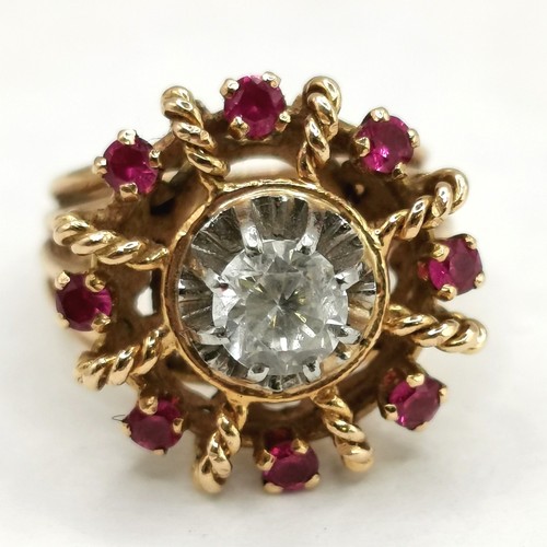 437 - Continental 18ct hallmarked gold ruby (8) & white topaz ring - size I½ & 7.7g total weight