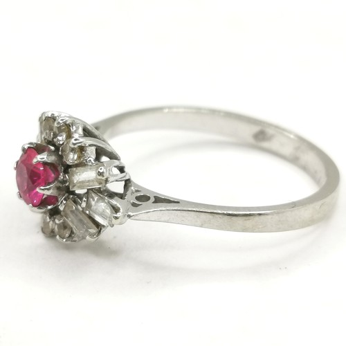 445 - 18ct foreign marked white gold ruby & white stone set ring - size N½ & 2.7g total weight