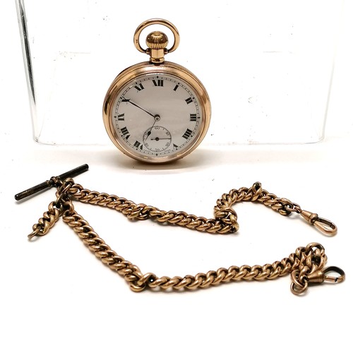 452 - Antique gold plated gents open faced Dennison cased pocket watch (4.5cm diameter) with arabic numera... 