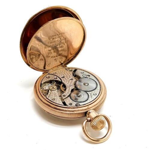 452 - Antique gold plated gents open faced Dennison cased pocket watch (4.5cm diameter) with arabic numera... 