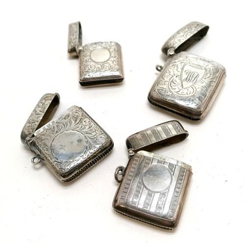 484 - 4 x antique sterling silver vesta cases - largest 4.5cm x 3.5cm & has initials to cartouche ~ total ... 