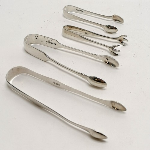 488 - 4 x silver hallmarked sugar tongs inc clawed - Georgian tongs are 13.5cm long t/w 5 x silver plated ... 