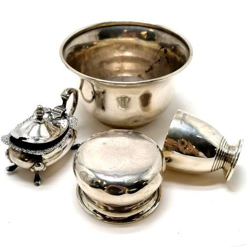 492 - Sterling silver sugar basin by Cooke & Kelvey, Calcutta (10.5cm diameter & has dent) t/w egg cup, pe... 