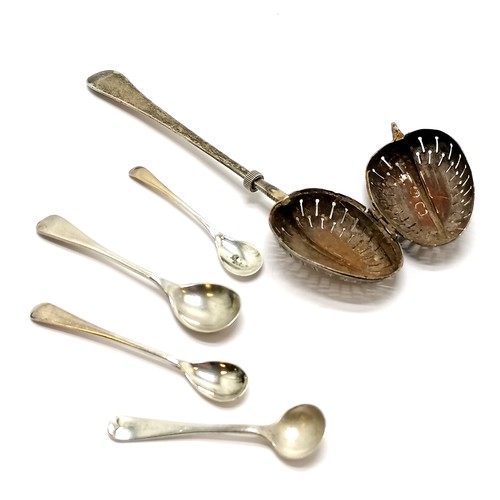 506 - Antique silver Teaette tea infuser by George Gray - 14cm t/w 4 x silver condiment spoons ~ total 42g