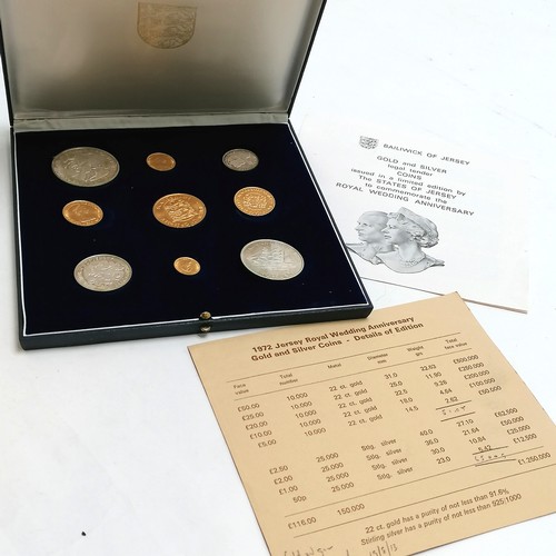 546 - Jersey 1972 boxed proof set of 9 coins inc the 22ct gold (£5, £10, £20, £25, £50 coins) + silver (50... 