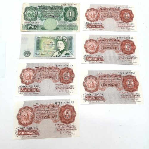 554 - 1955-61 GB 3 + 2 sequence of 10/- O'Brien banknotes + 1955-60 O'Brien £1 LNNL (tear at base) & 1981 ... 