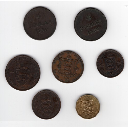 556 - Jersey coins 1/26th shilling 1858 + 1870, 1/24th shilling 1877, 1/12th shilling 1881, ¼ shilling 196... 