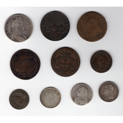 559 - 10 x coins inc 1819 Ionian Islands 2 oboli, 17th century William III halfcrown, 1920 China 20 cents,... 