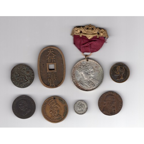 560 - 8 x coins / tokens ~ mid 19th century Japan 100 mon (tempo tsuho), 1902 EVII coronation medal, 1872 ... 