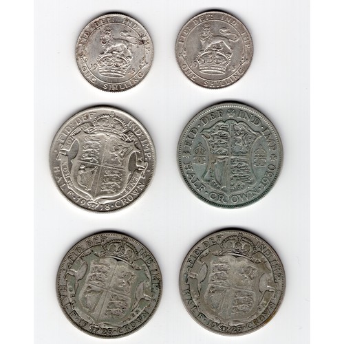 564 - George V ~ 2 x 1915 1/- & 4 x halfcrowns (1918, 2 x 1925 & 1930)