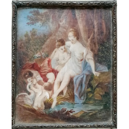 571 - Boudoir watercolour miniature of a classical scene of figures bathing mounted in a decorative bone f... 