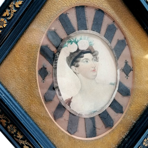 574 - Unusual antique large watercolour portrait miniature of a lady in a lozenge shaped frame with Muller... 